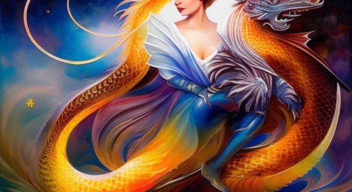 Woman with Iridescent Dragon, Art Nouveau Style