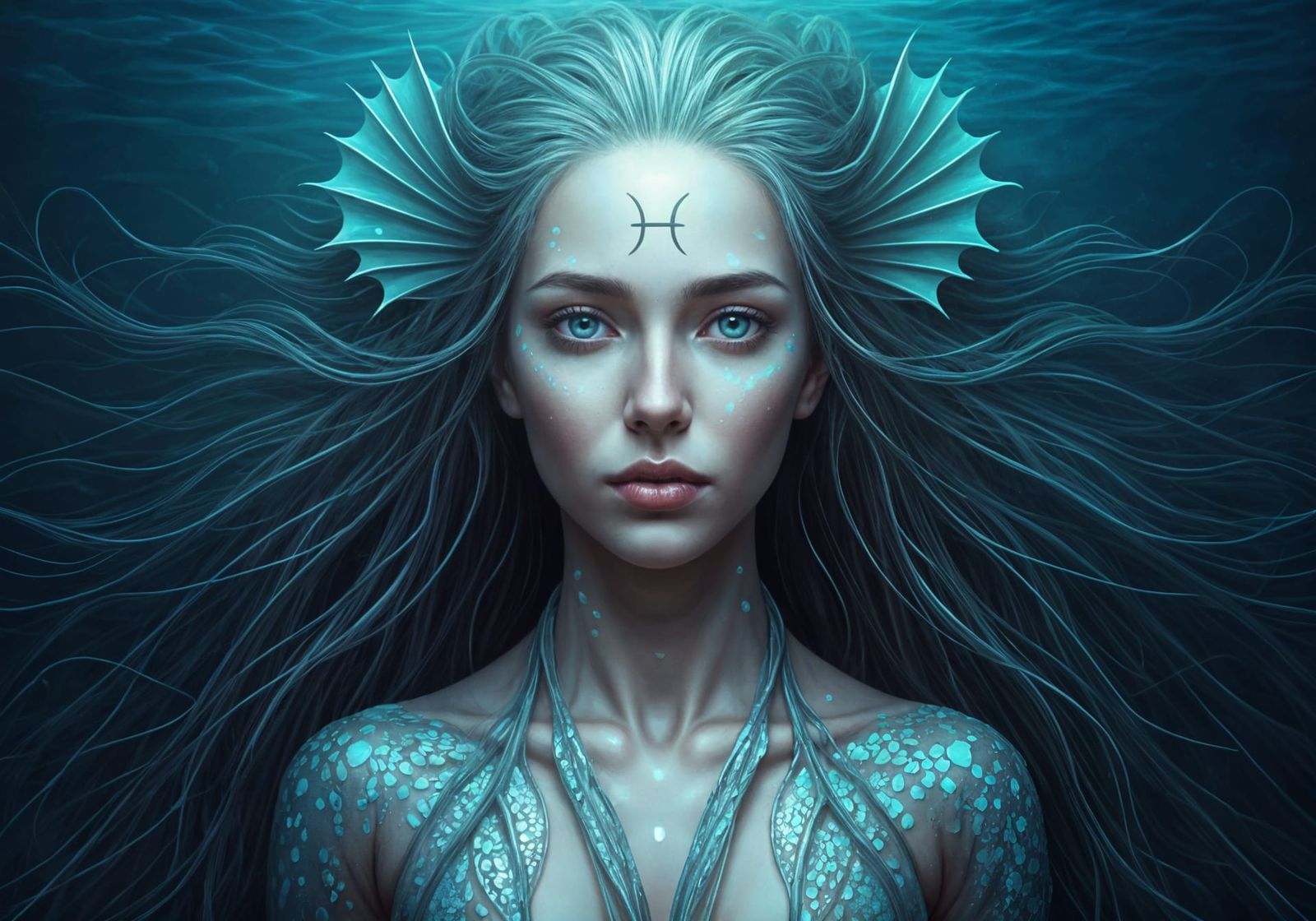 Dreamy Pisces Zodiac Figure in Ethereal Aquatic Realm