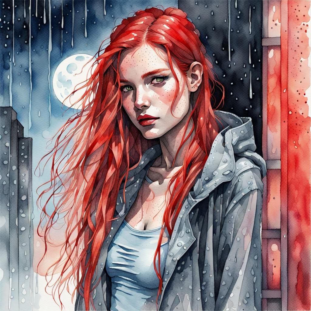 Redhead in Rainy Cyberpunk City: Watercolor Art