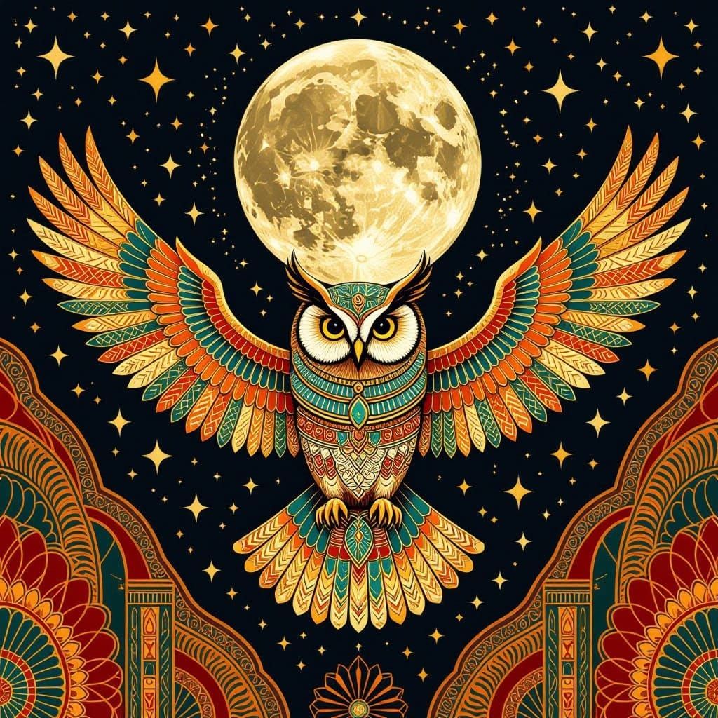 An owl with outstretched wings, adorned in ancient Egyptian ...