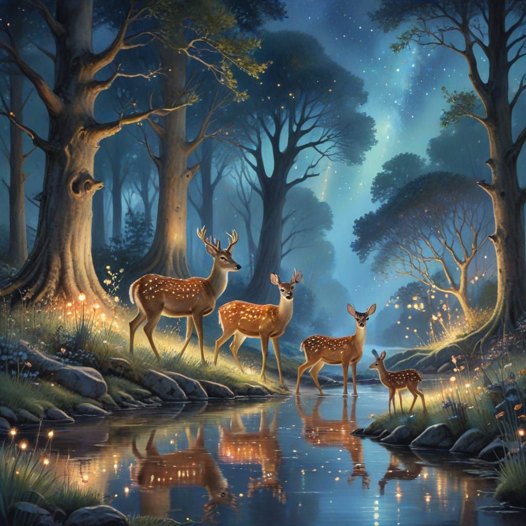 Deer Family in Magical Forest: Watercolor Painting