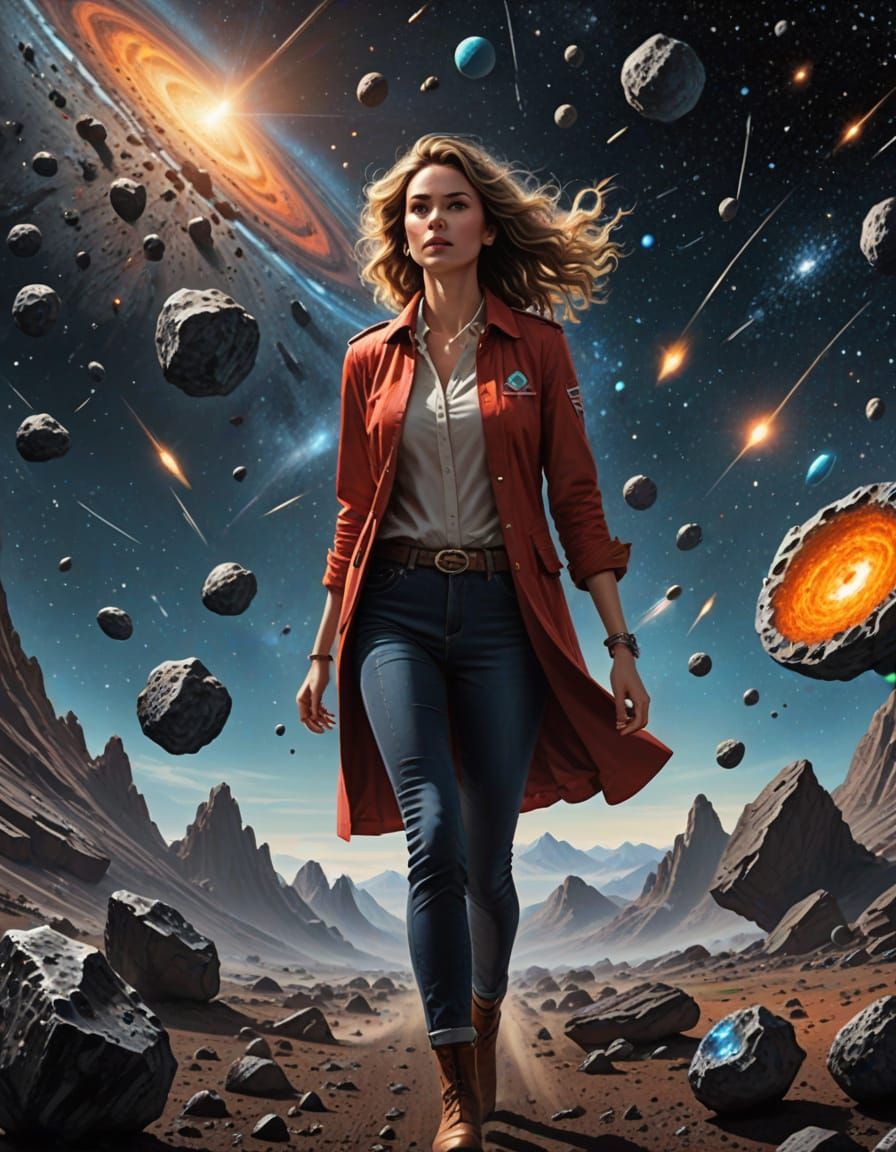 Woman struts forward confidently as asteroids drift around her in a cosmic setting.