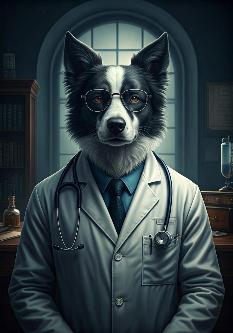 Anthropomorphic Border Collie Physician in Moody Examination...