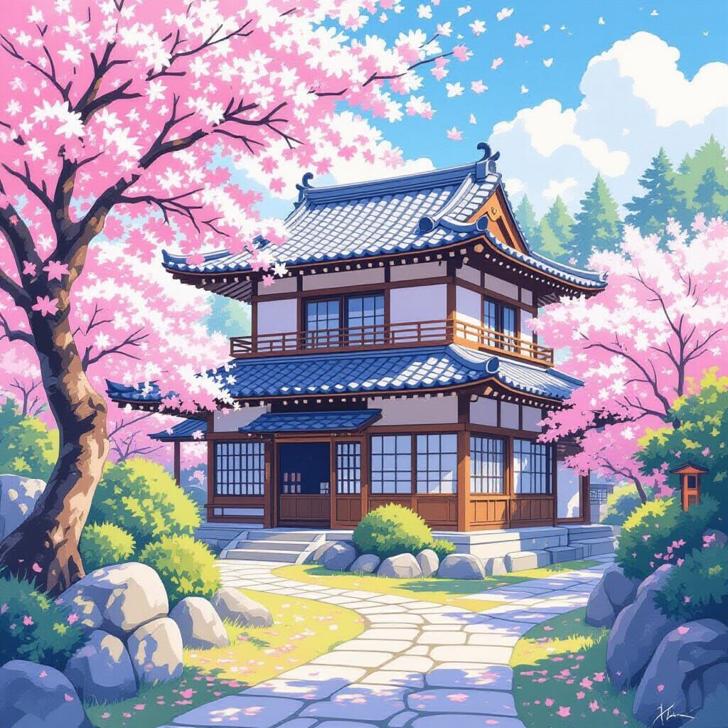 Japanese House in Anime Watercolor Style