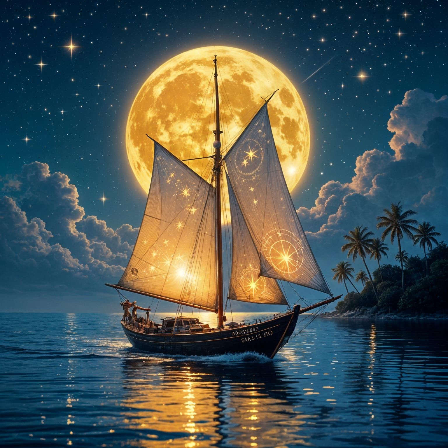 Magical Moonlit Sailboat with Glowing Constellation Sails