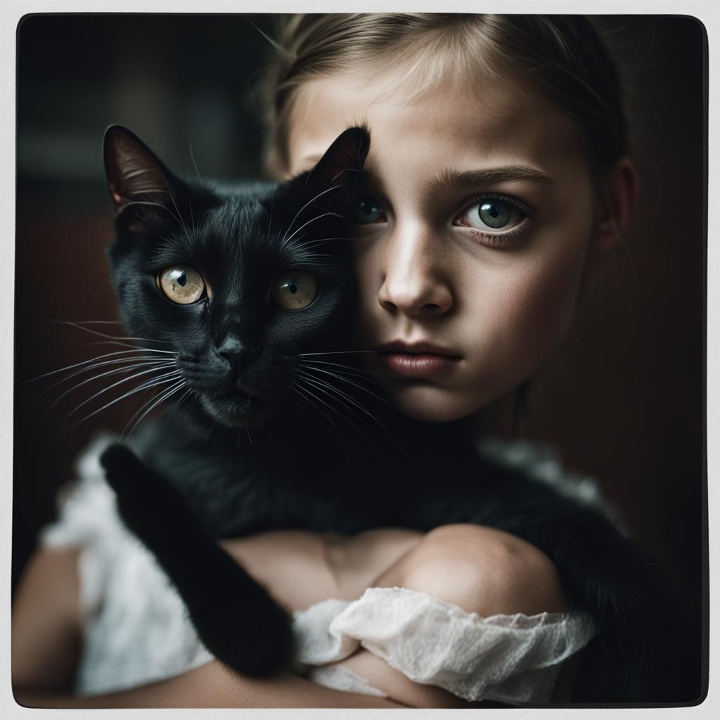 Ballerina Girl and Black Cat Portrait