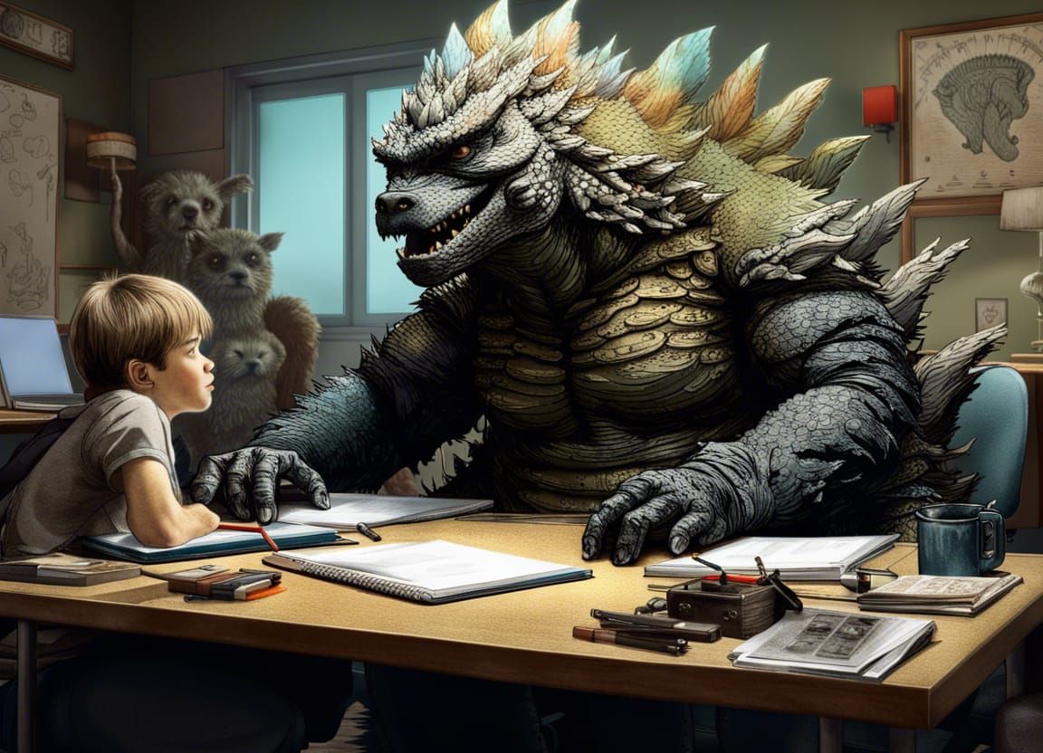 Godzilla's First Day: A School Desk Adventure