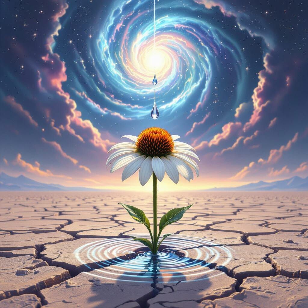 Wilting Coneflower in Cosmic Vortex, Hyperrealistic