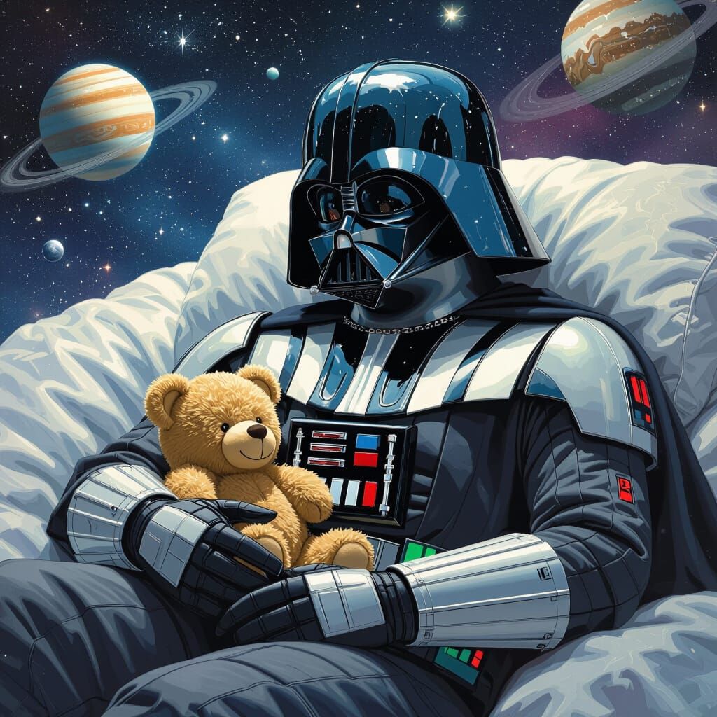 Darth Vader Asleep in Space with Teddy Bear