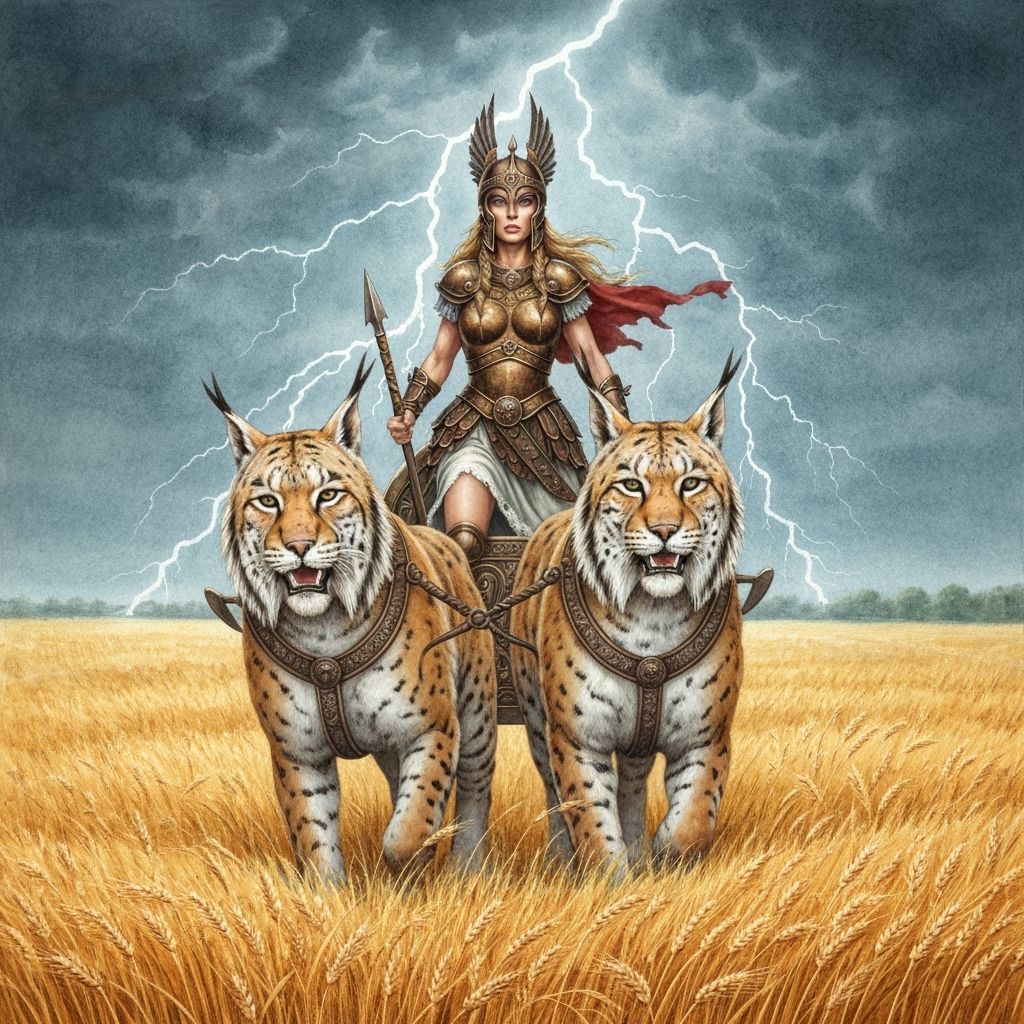 A Norse goddess of the harvest, Freyja, stands in a field of golden wheat under a stormy sky, her chariot pulled by two ...