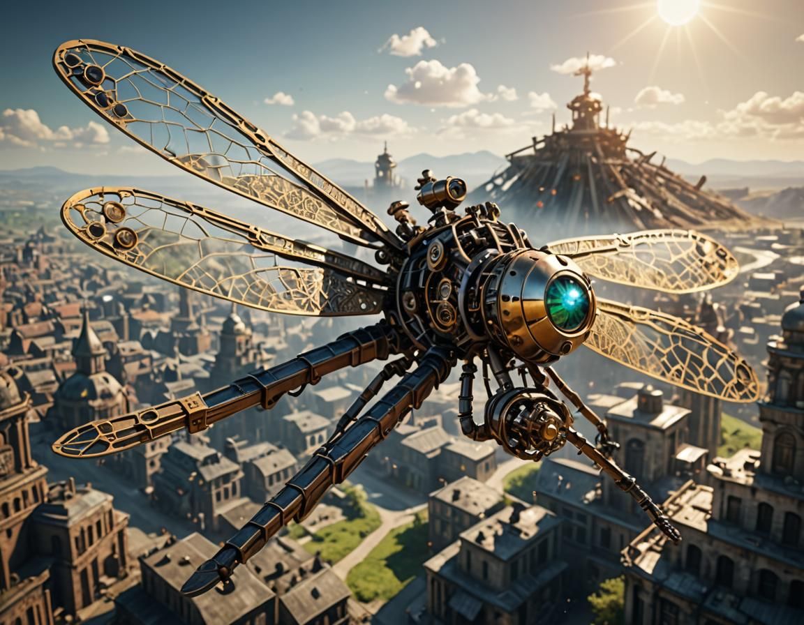 Mechanical Dragonfly Over Dystopian Steampunk Landscape