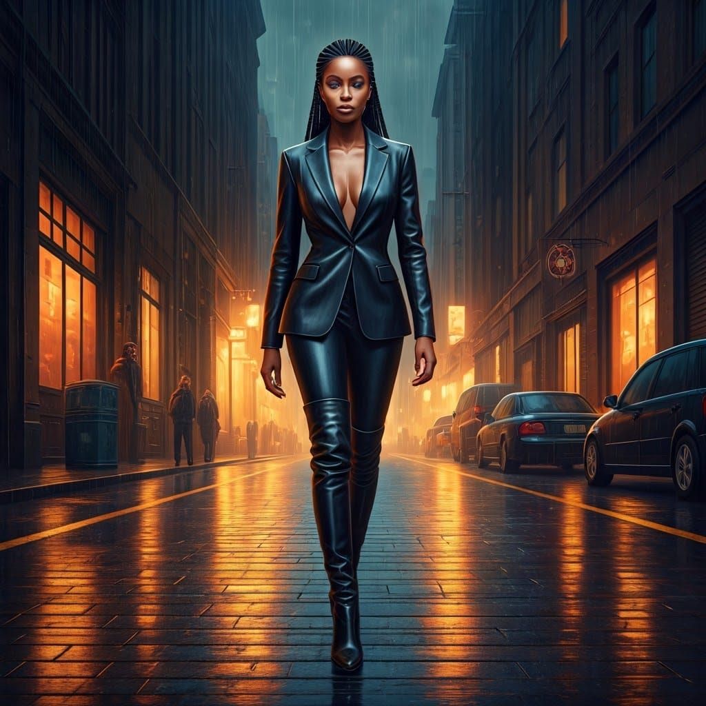 Black Woman in Leather Suit on Rainy Street