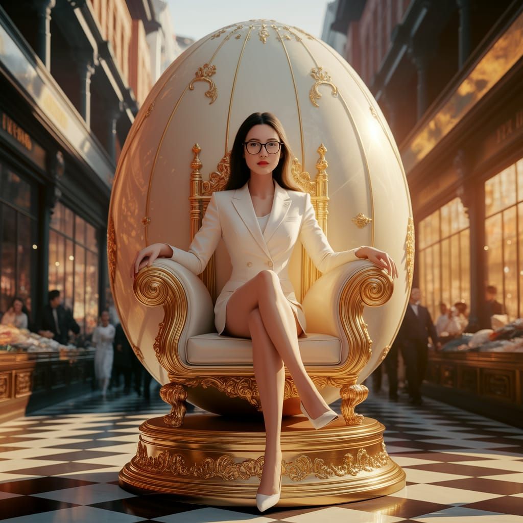 Elegant Asian Woman Sits Confidently on Golden Easter Egg Th...