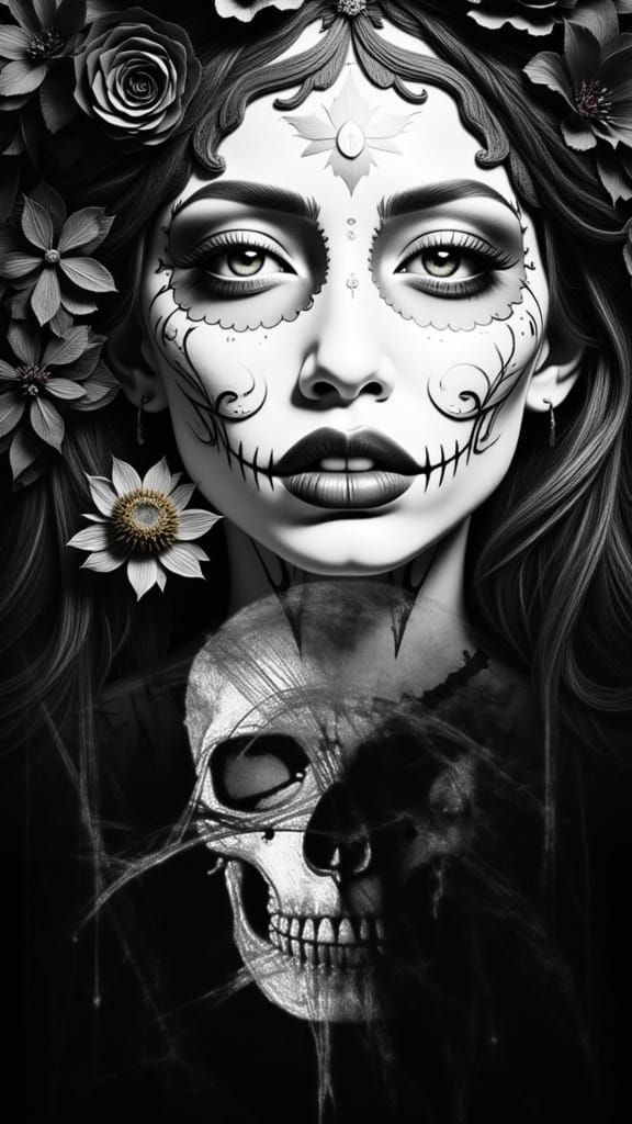 Vibrant Sugar Skull with Flowers and Swirls