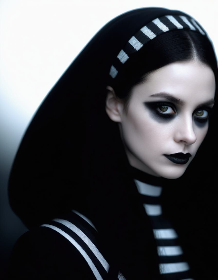 Stunning portrait of beautiful gothic woman with black hair with and dark brown eyes with black eyeshadow with black eye...