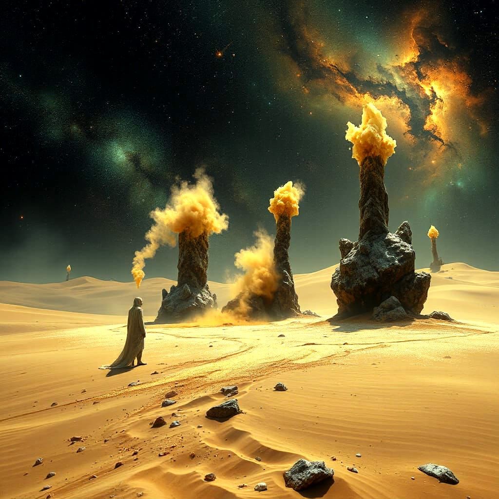 Ethereal Figure Dissolving in Cosmic Desert Landscape