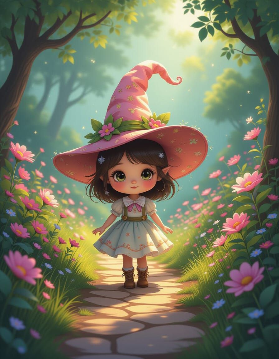 Whimsical Garden Sprite in Surreal Enchanted Landscape