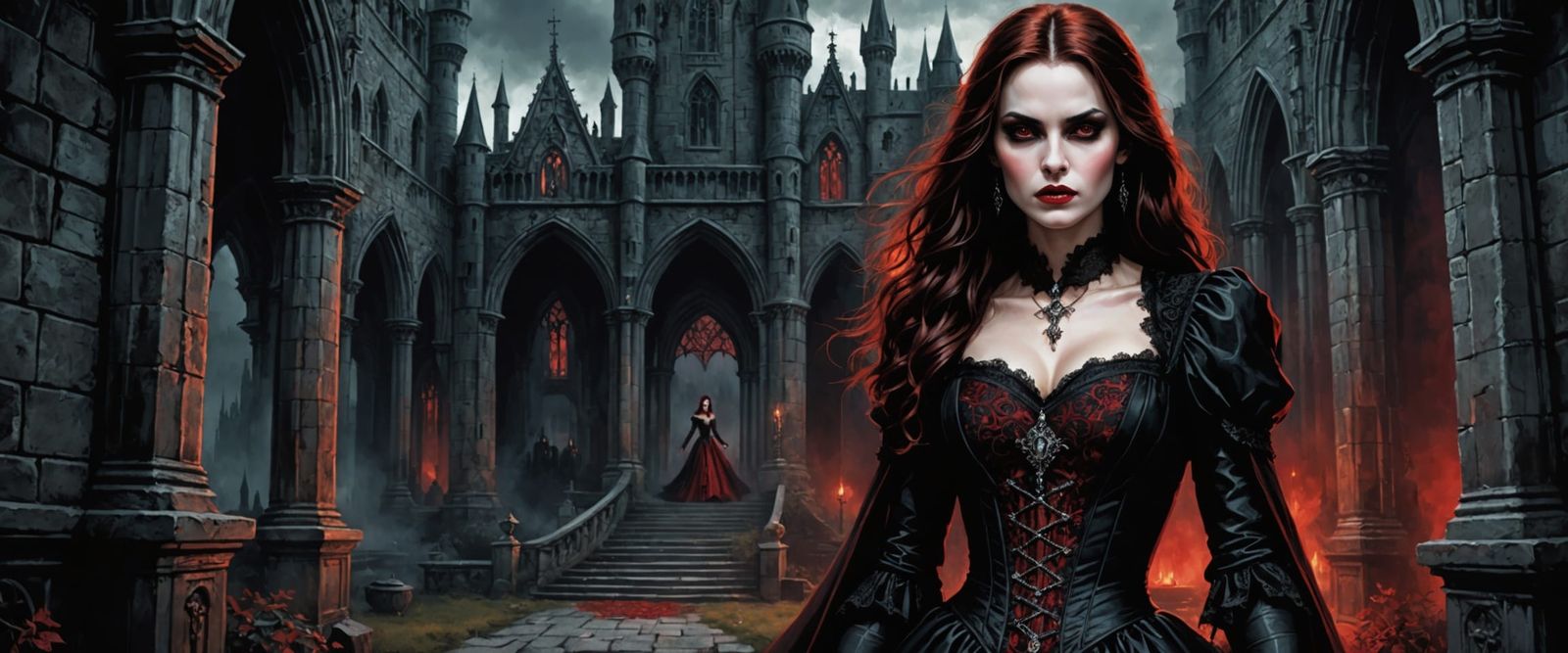 Gothic Vampire in a Castle, Oil Painting