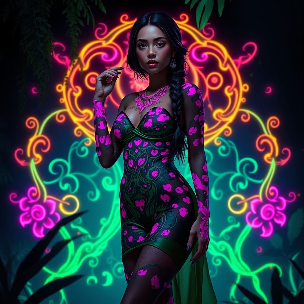 Goth Latina Goddess in Neon Green and Pink Leopard Spots