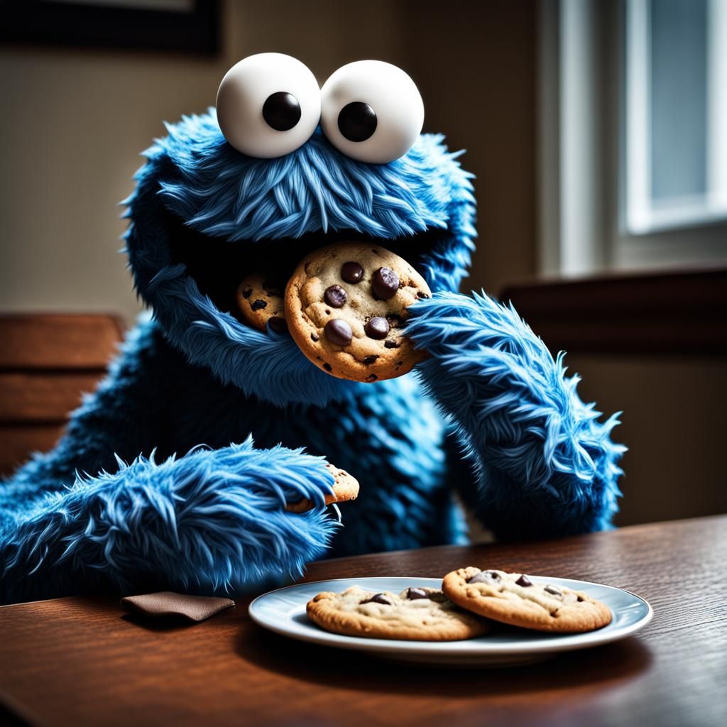 Cookie Monster Eating Cookies in Hyperrealistic Style