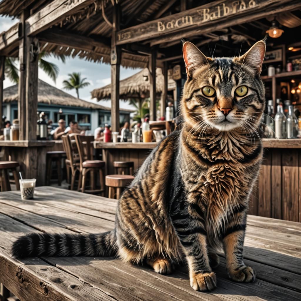 Hyperrealistic Beach Cat at Bar