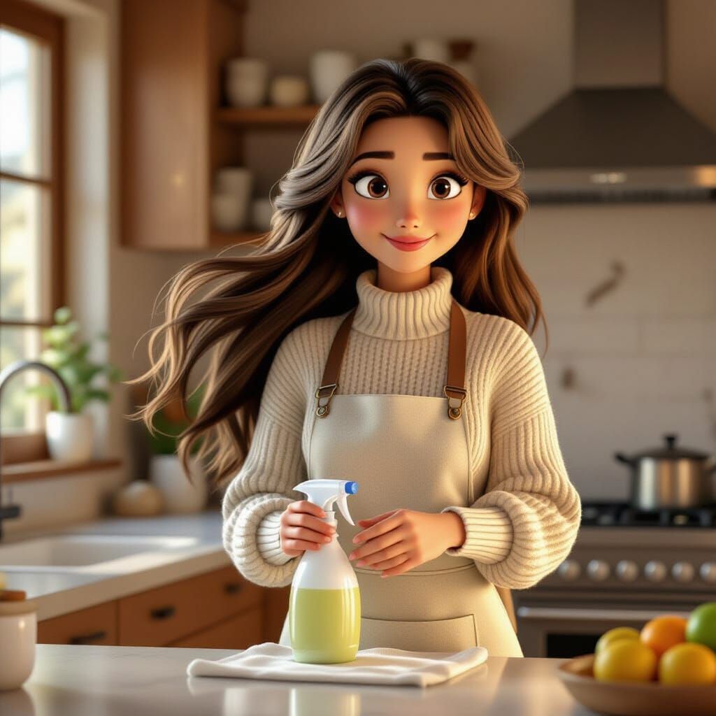 Elegant Woman Cleaning Kitchen in Pixar 3D Style