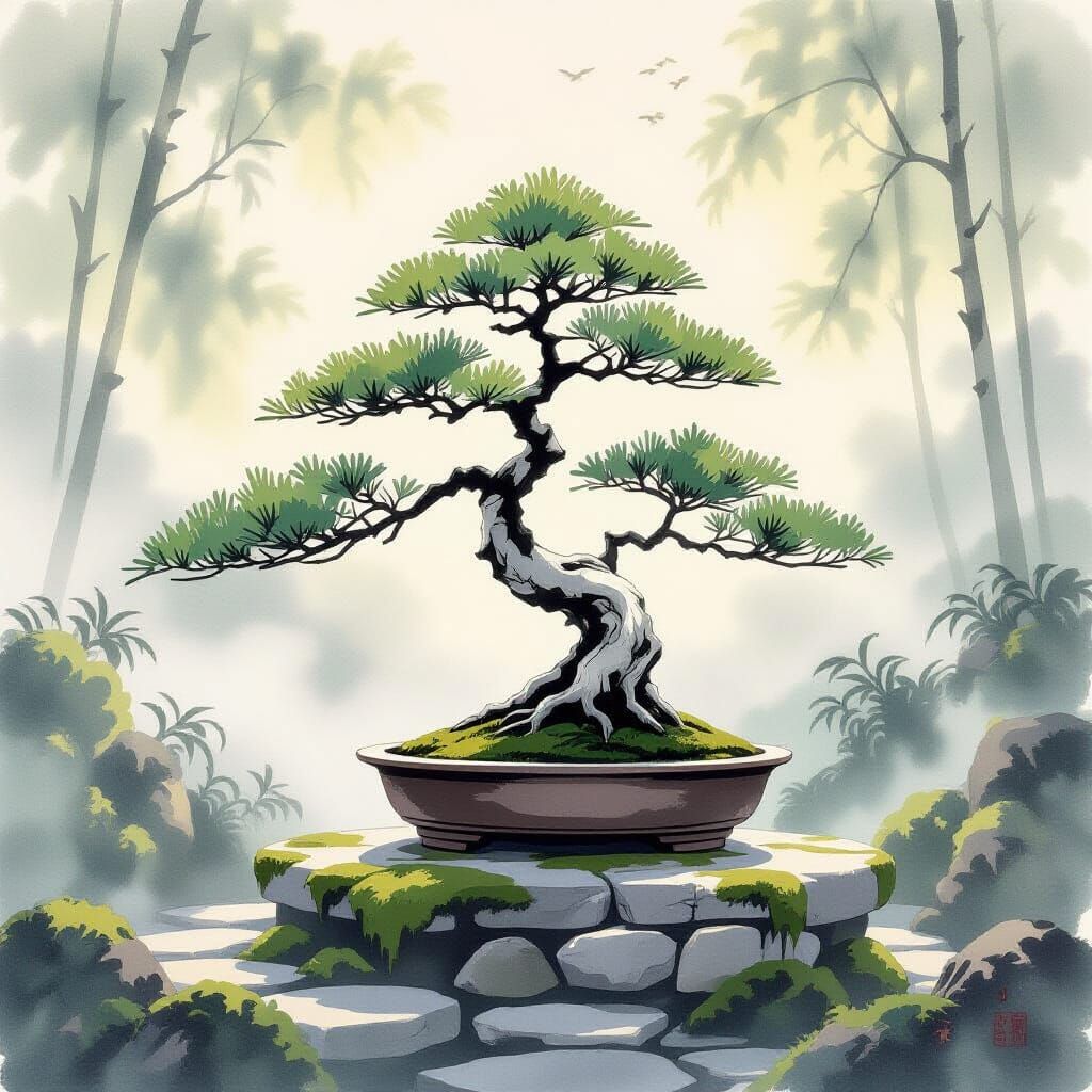 Ancient Bonsai in Misty Japanese Garden, Sumi-e Style