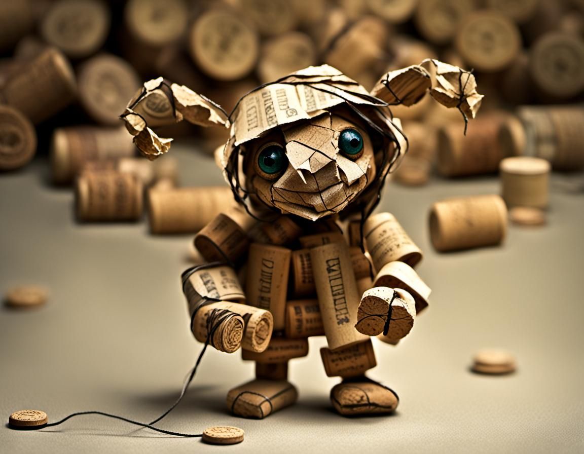 A very small creature made from corks and string and crumple...