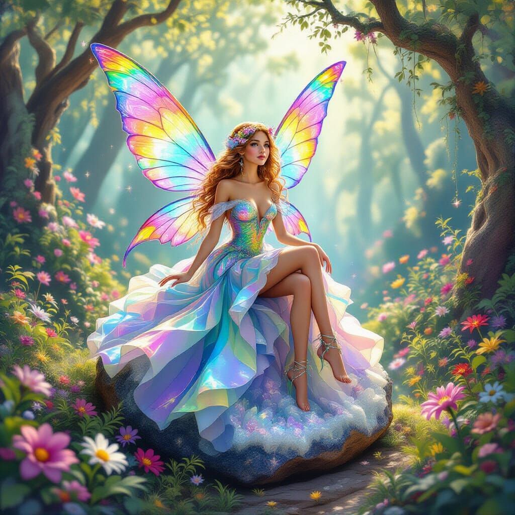Rainbow Fairy on Crystal Geode in Dreamlike Style