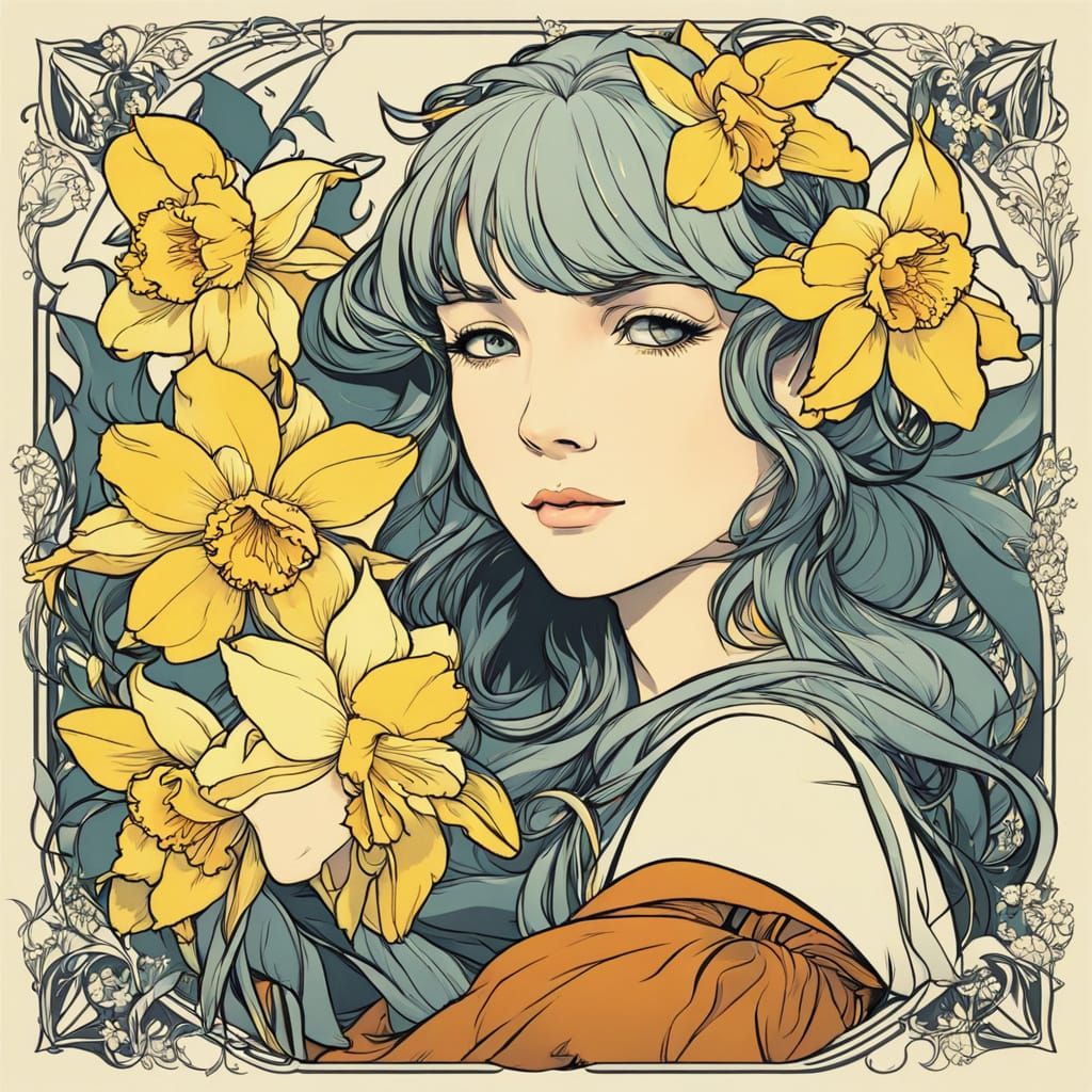 Beautiful Anime Girl Surrounded by Vibrant Daffodils