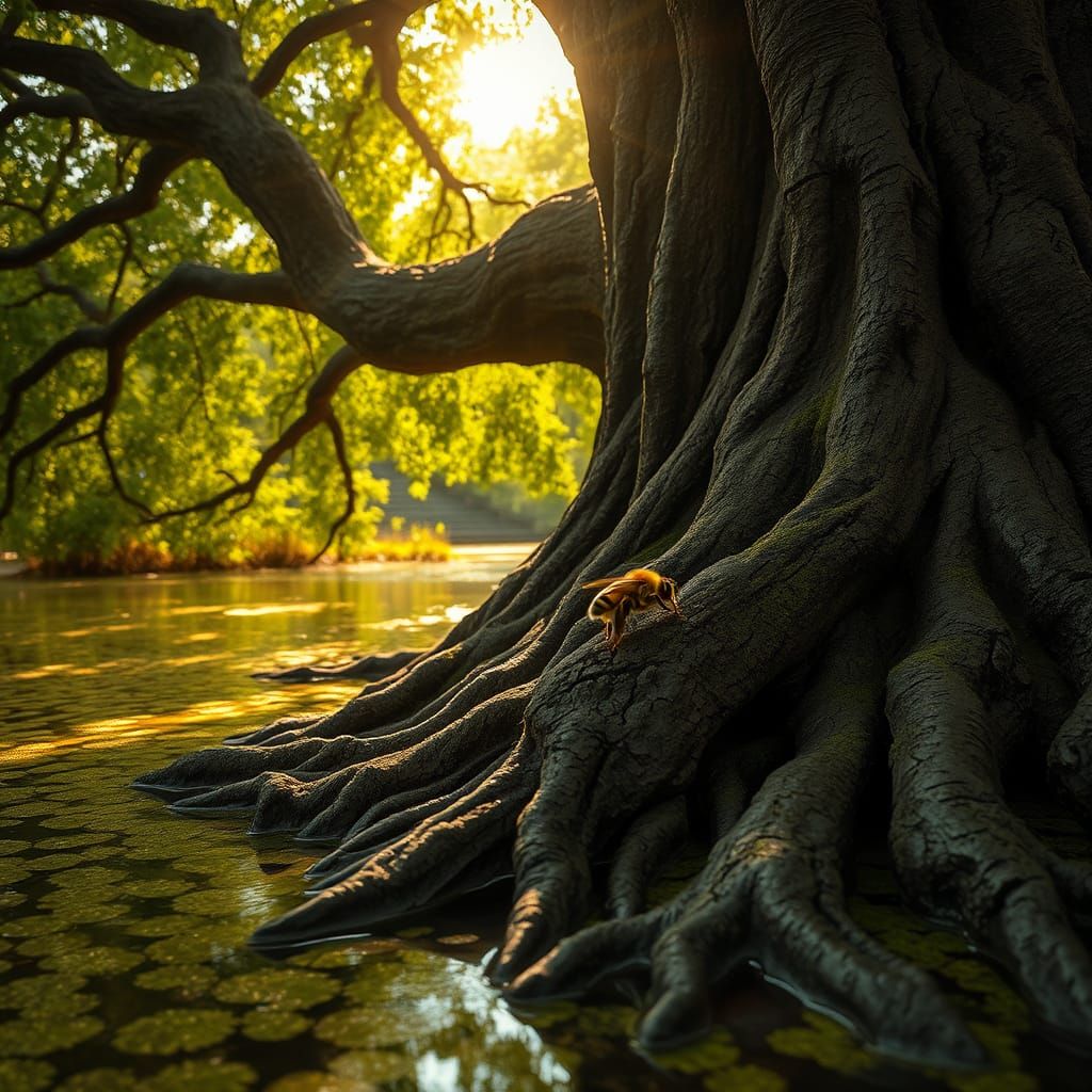 Bumble Bee Burrowing Into Ancient Oak Tree