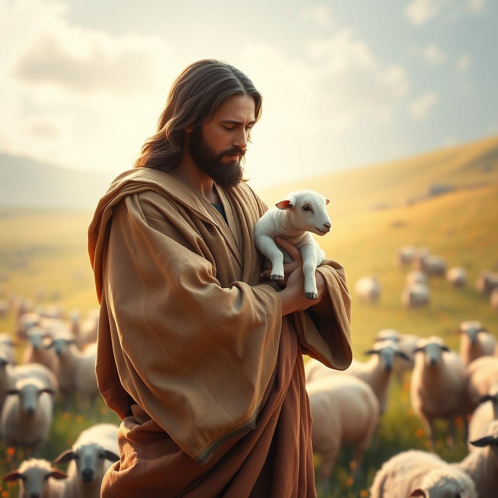 Serene Jesus in a Lush Summer Landscape, Watercolor Style