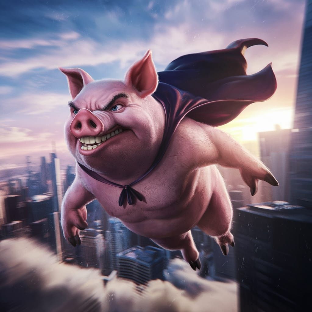 Super Pig Flies Over City, Digital Art