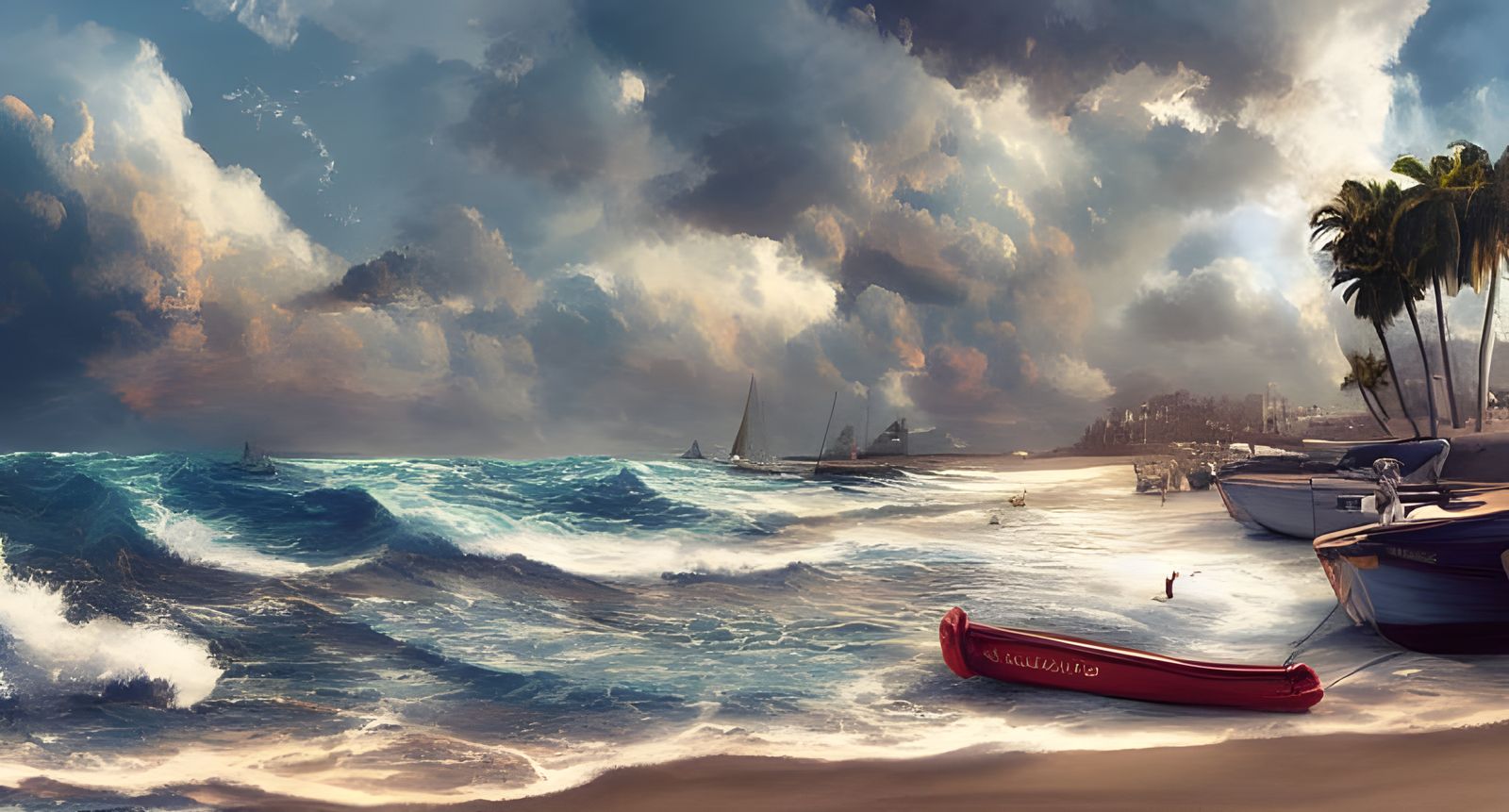 Sunny Beach Digital Illustration with Boats and Waves