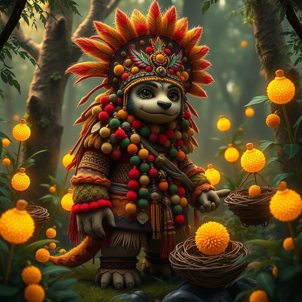 Earth-Toned Pom Pom Forest Guardian in Fantasy Style