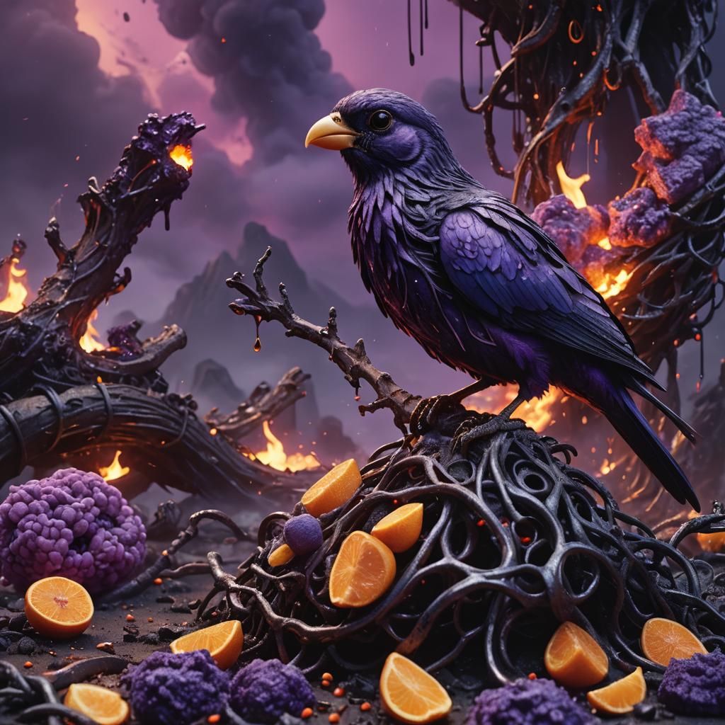 Bird Perched on Metal with Exotic Purple Food