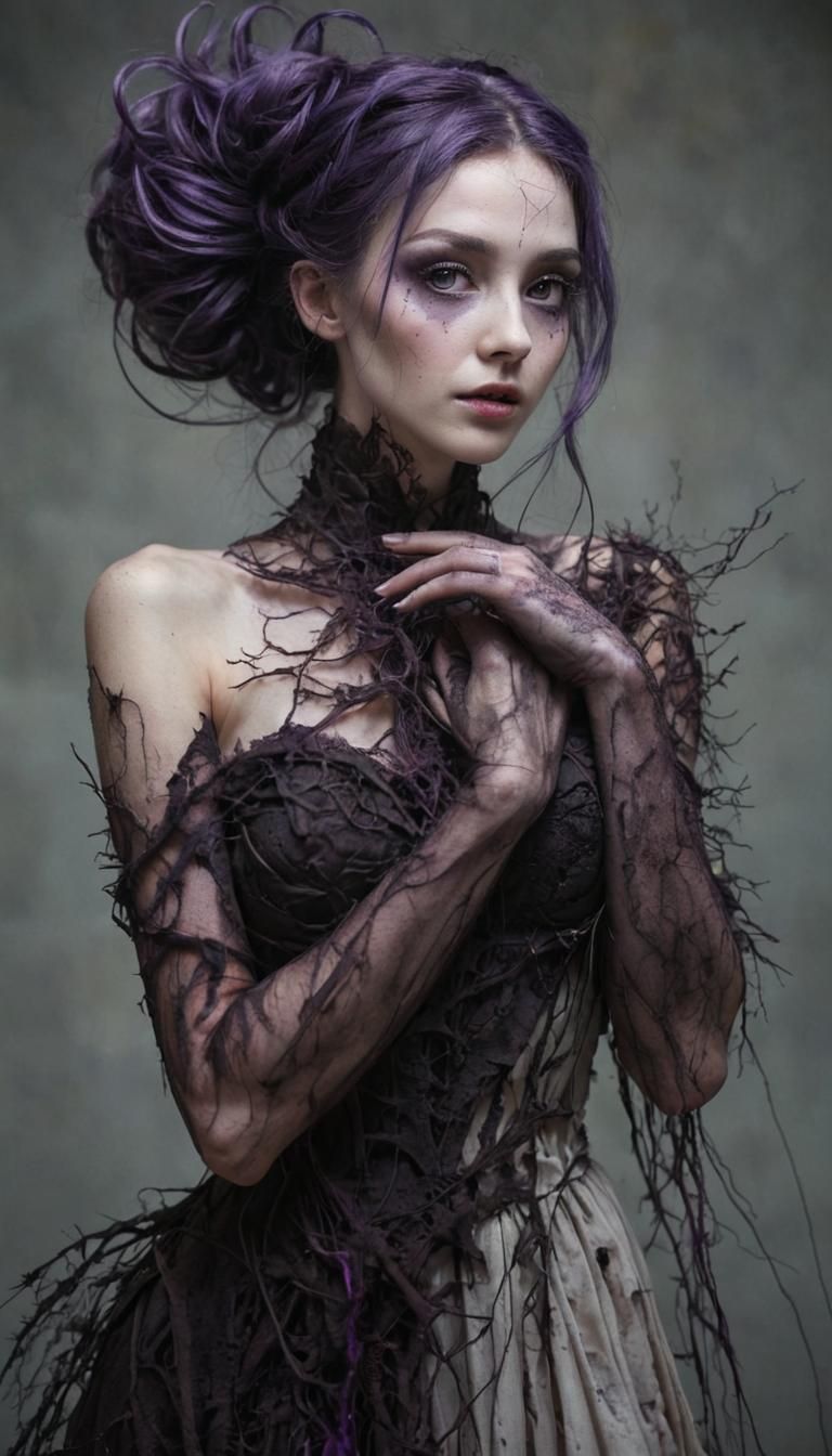 Pale Maiden in Root Dress: Dark Fantasy Portrait