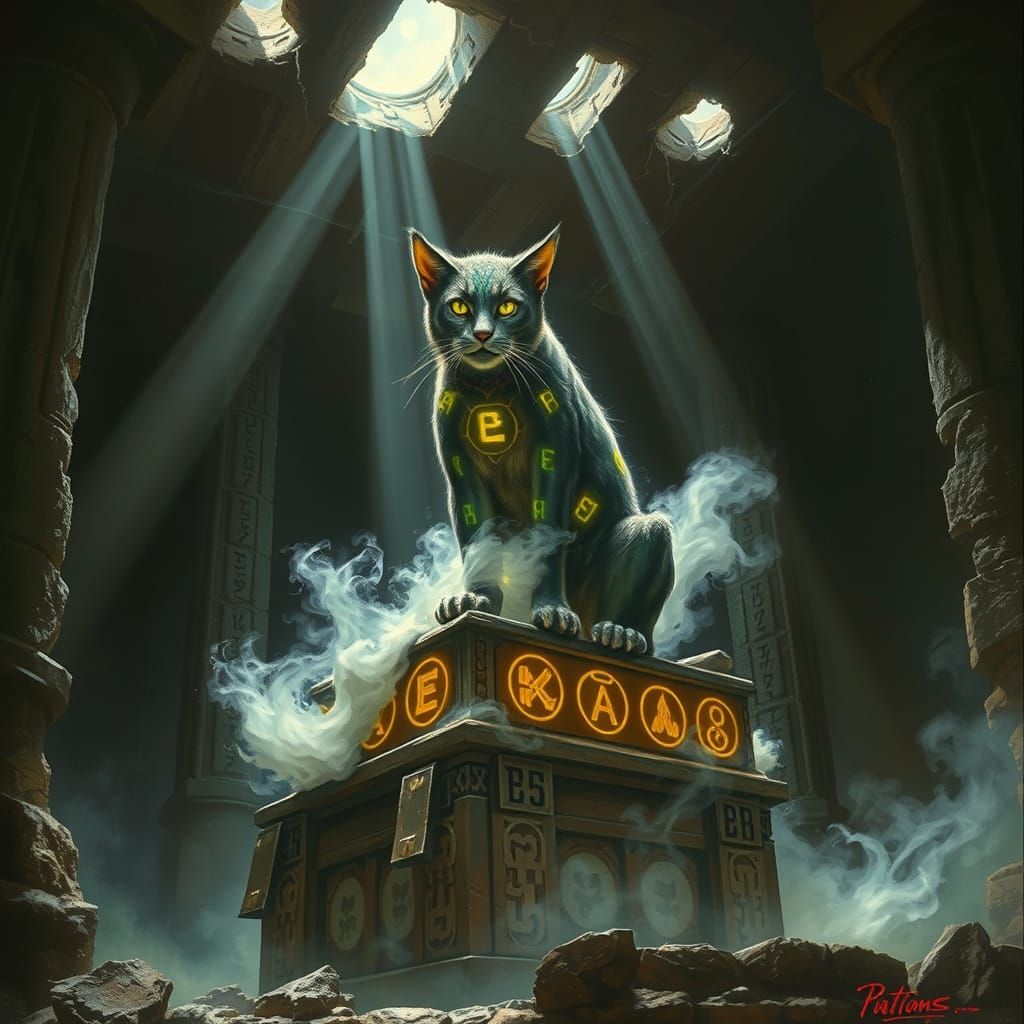 Mystical Feline with Glowing Runes on Altar