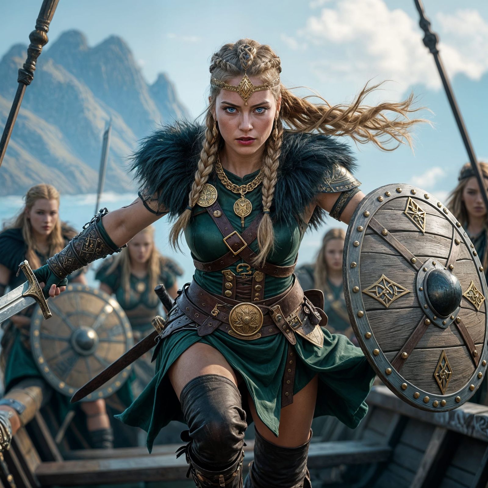 Viking Warrior Mid-Jump with Sword and Shield