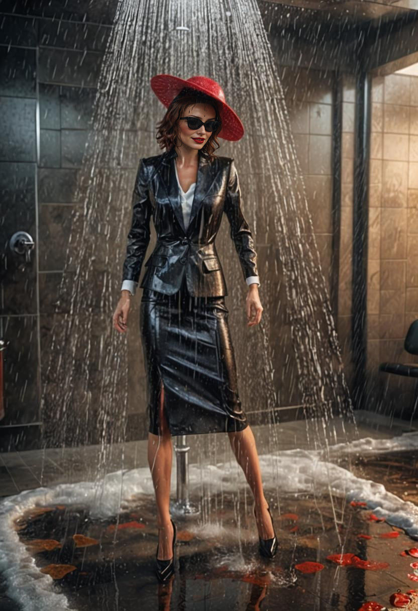 Glamorous Woman in Wet Suit Under Shower