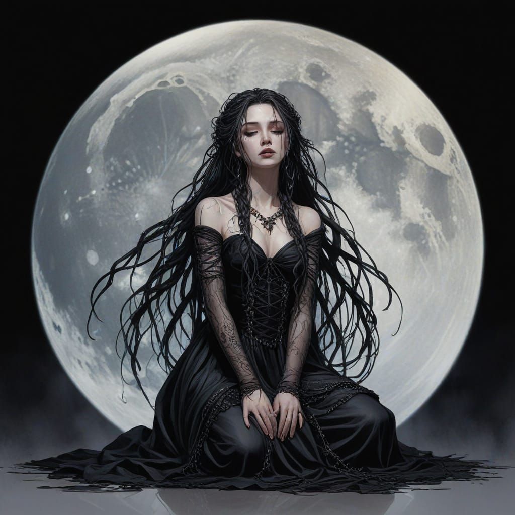 Crying Goth Girl in Moonlight, Watercolor Style