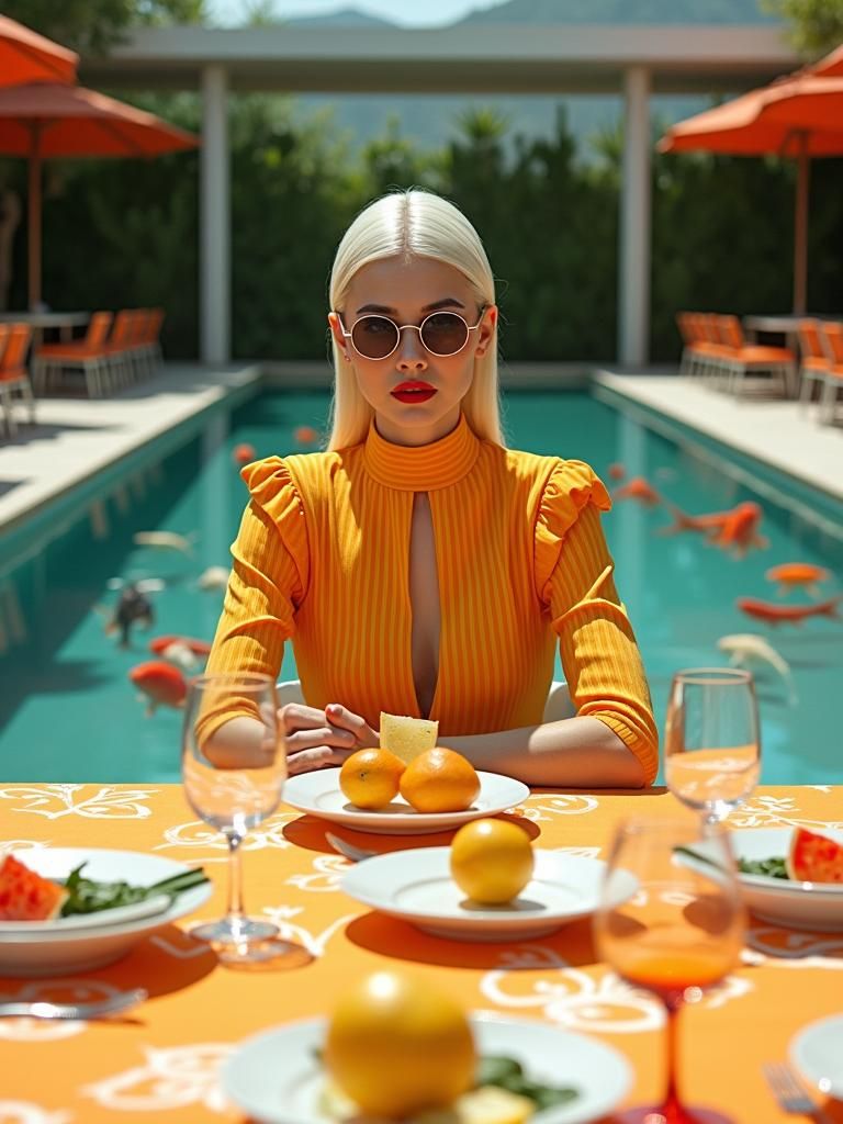 Woman at Orange Table with Koi Pond, Retro-Futuristic Style