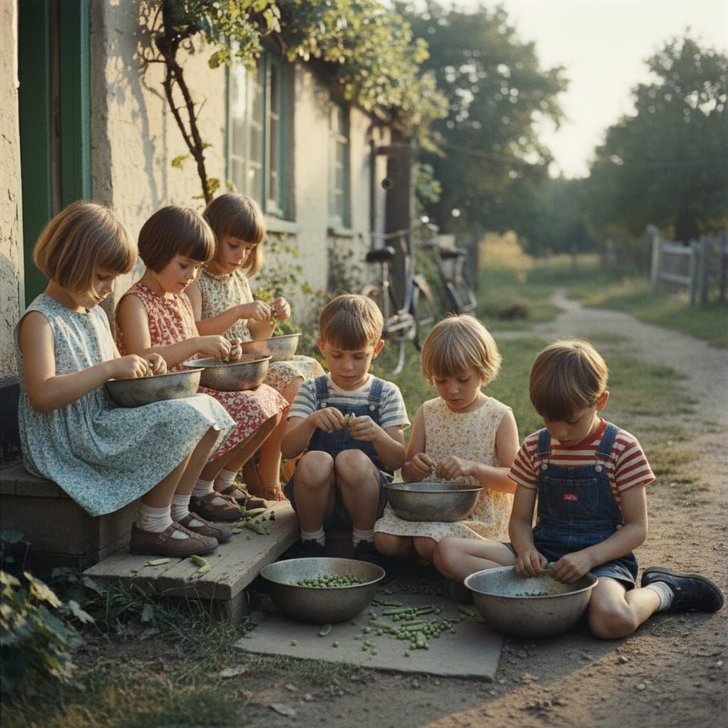 Children Shelling Peas in Warm Nostalgic Sunlight