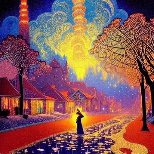 Sleepy Village Under Nebula Sky in Rococo Fantasy Art