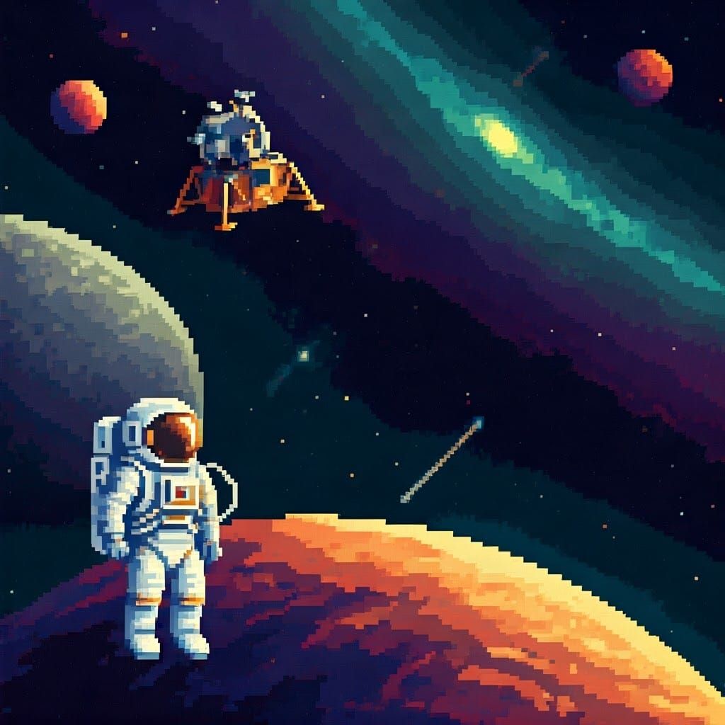 Pixel Art Astronaut in Vibrant Deep Space