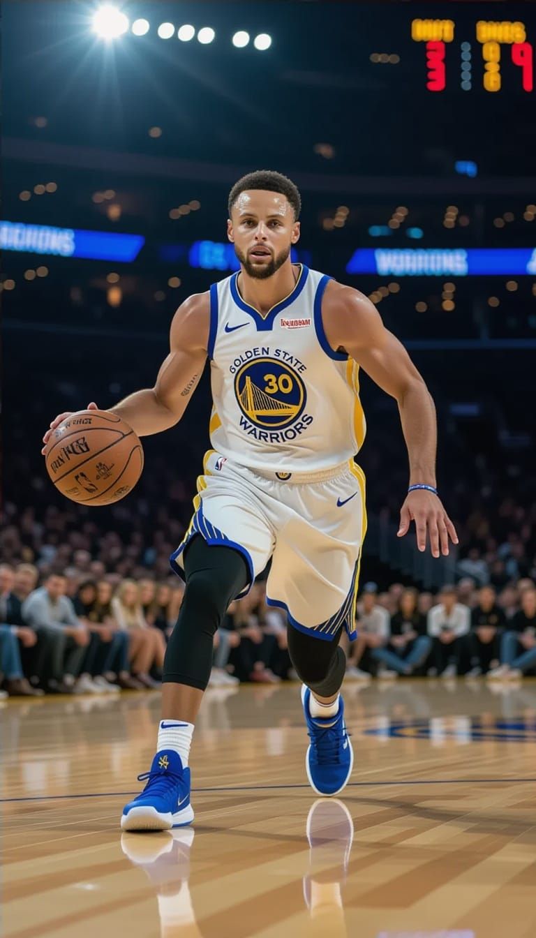 Stephen Curry Dribbling in Cinematic Golden Hour Style