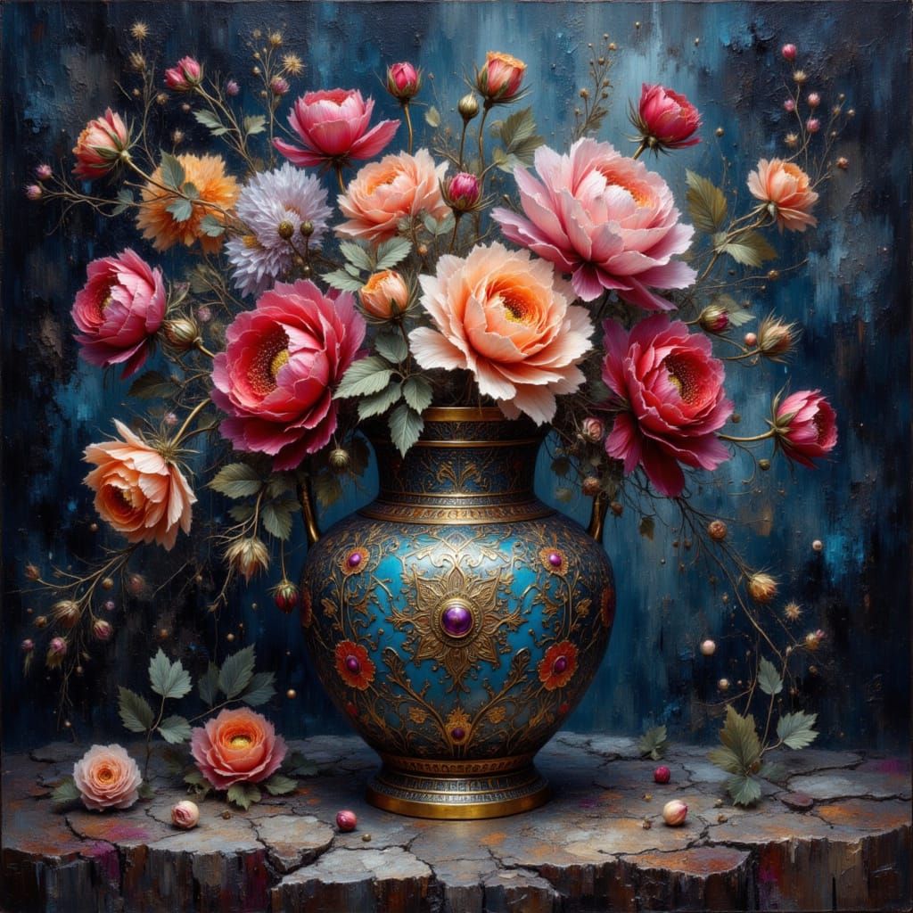 Majestic Cloisonne Vase with Flowers in Oil Paint Style