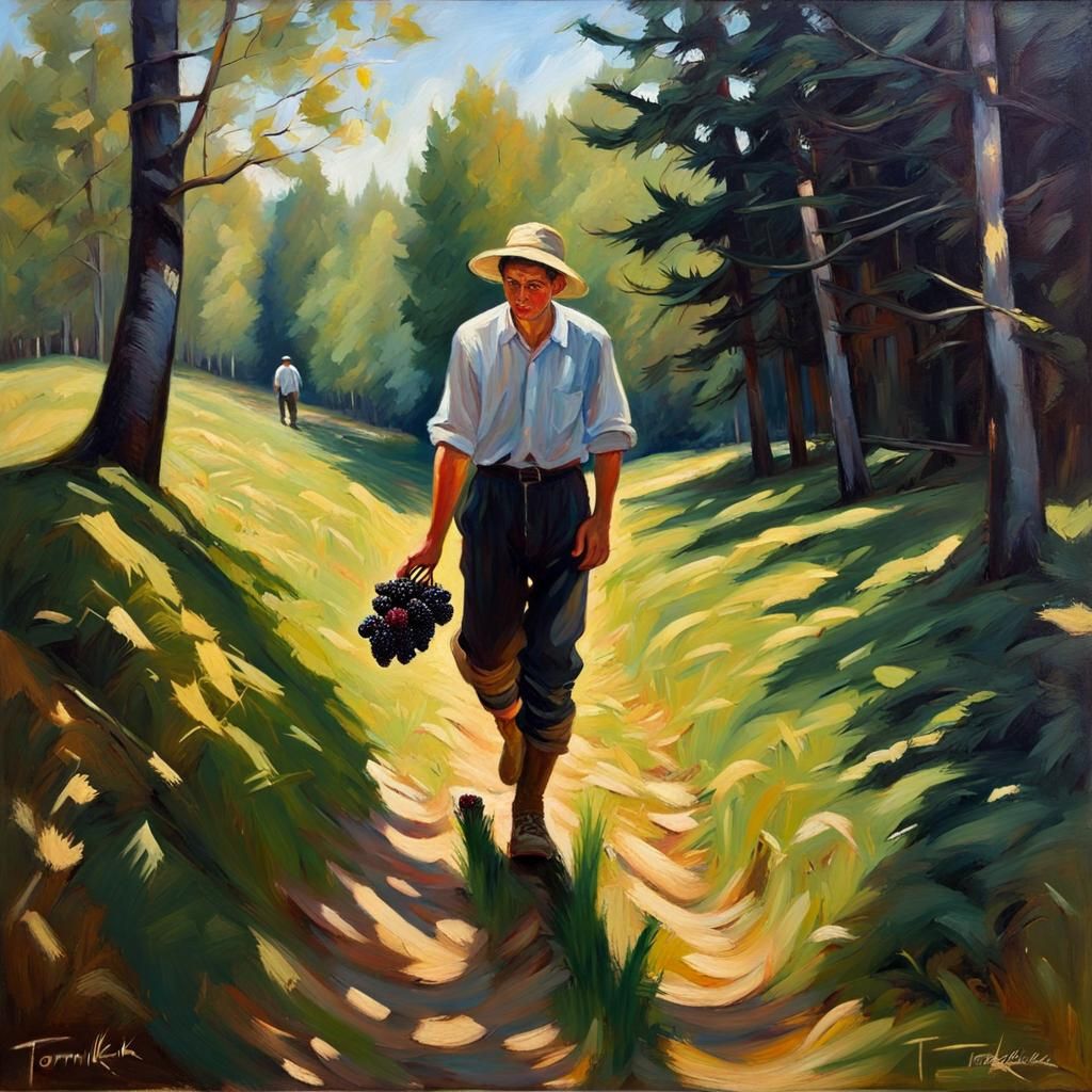 Lush Forest Oil Painting with Berry Picker