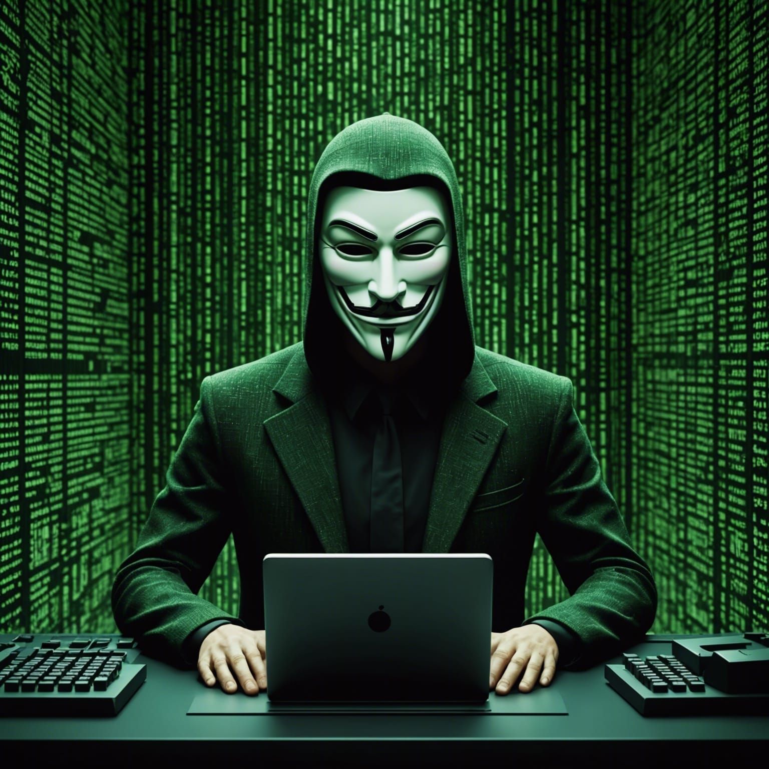 “Anonymous” work at Computer in Matrix Code style