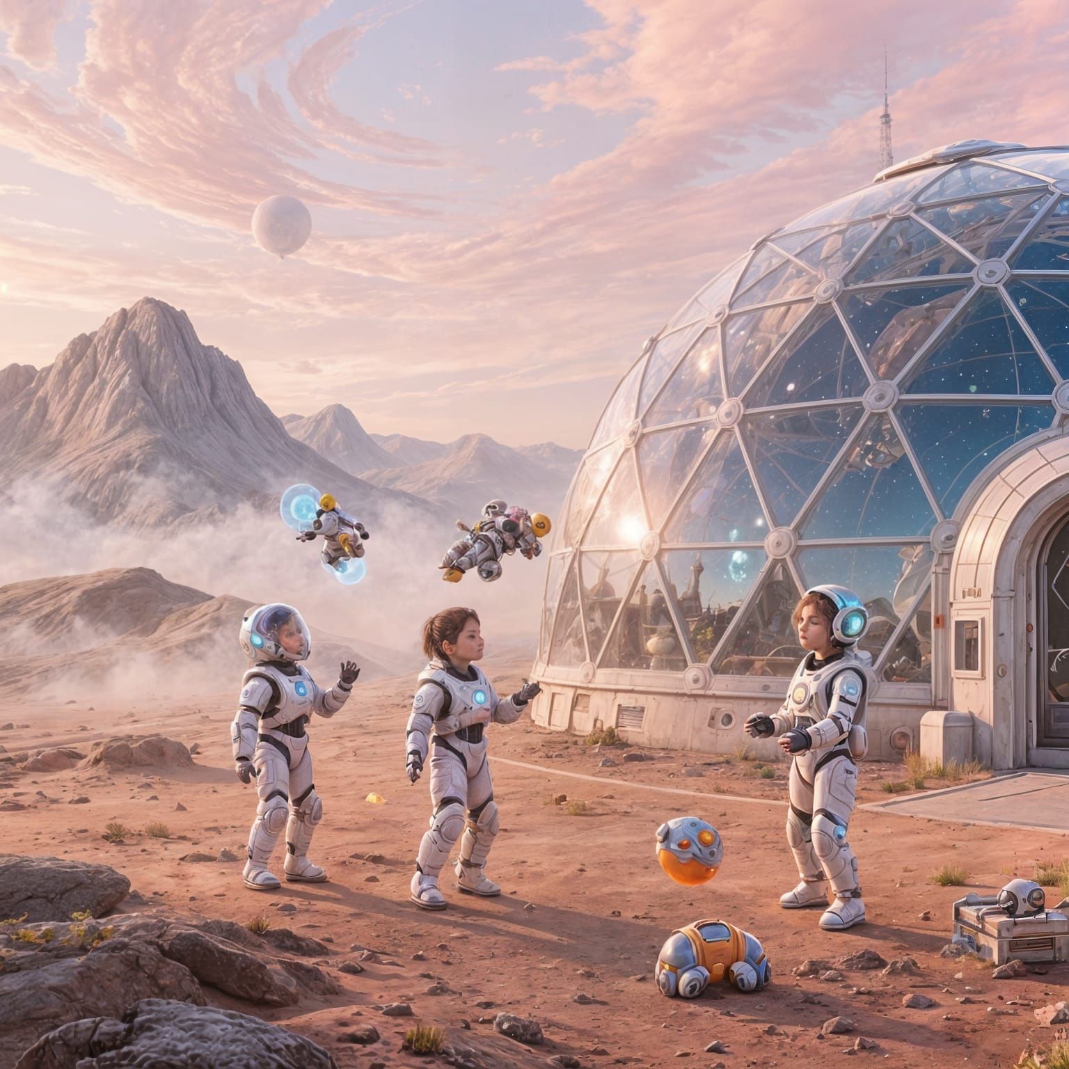 Children Play in Martian Colony Under Pink Sky